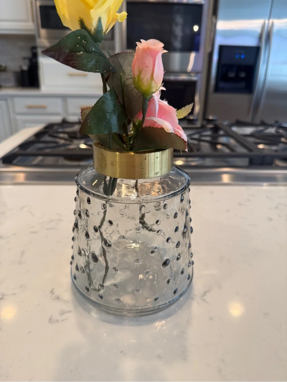 Faux Rose Floral Arrangement Textured Glass Vase Gold Rim Cottage Decor